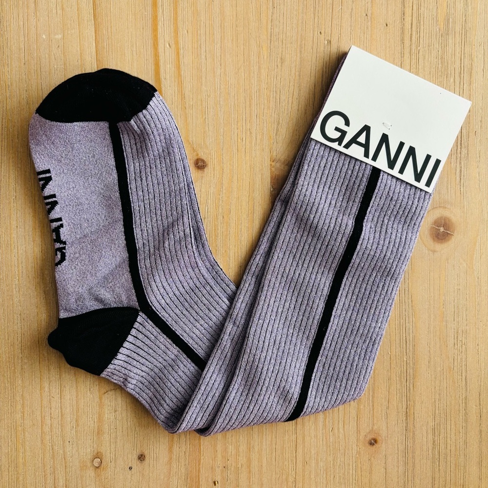 Ganni Women’s Purple Shimmery Black Striped Ribbed‎ Socks Size XS/S NWT